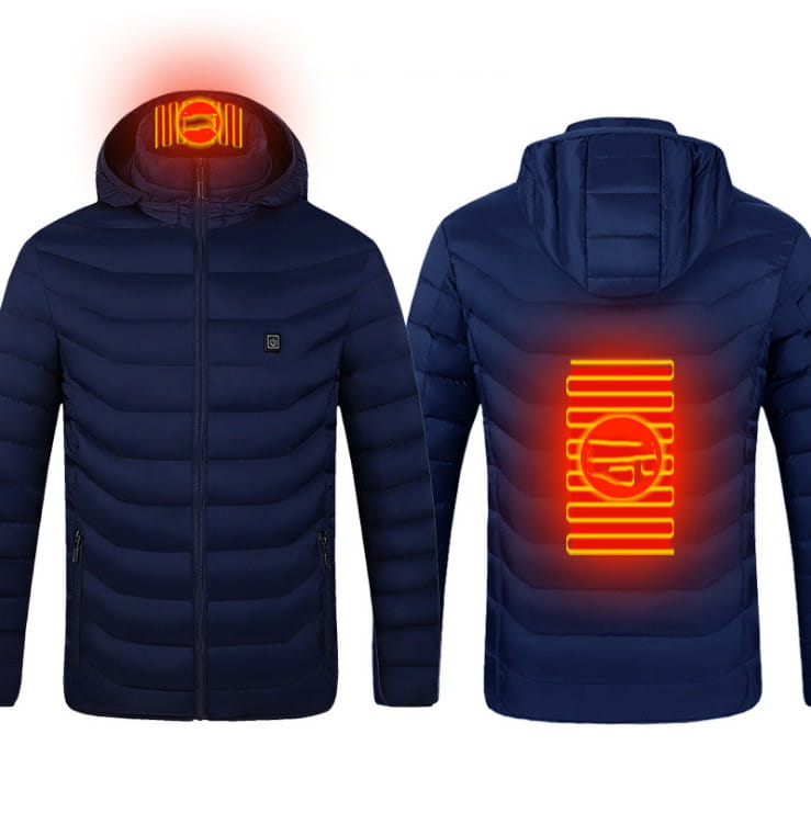 Navy blue heated jacket coat usb featuring glowing orange electric heating panels on the hood and back side for enhanced warmth.