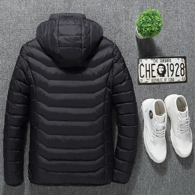 Black quilted hooded jacket coat usb electric with horizontal stitching and a padded collar designed for warmth and comfort.