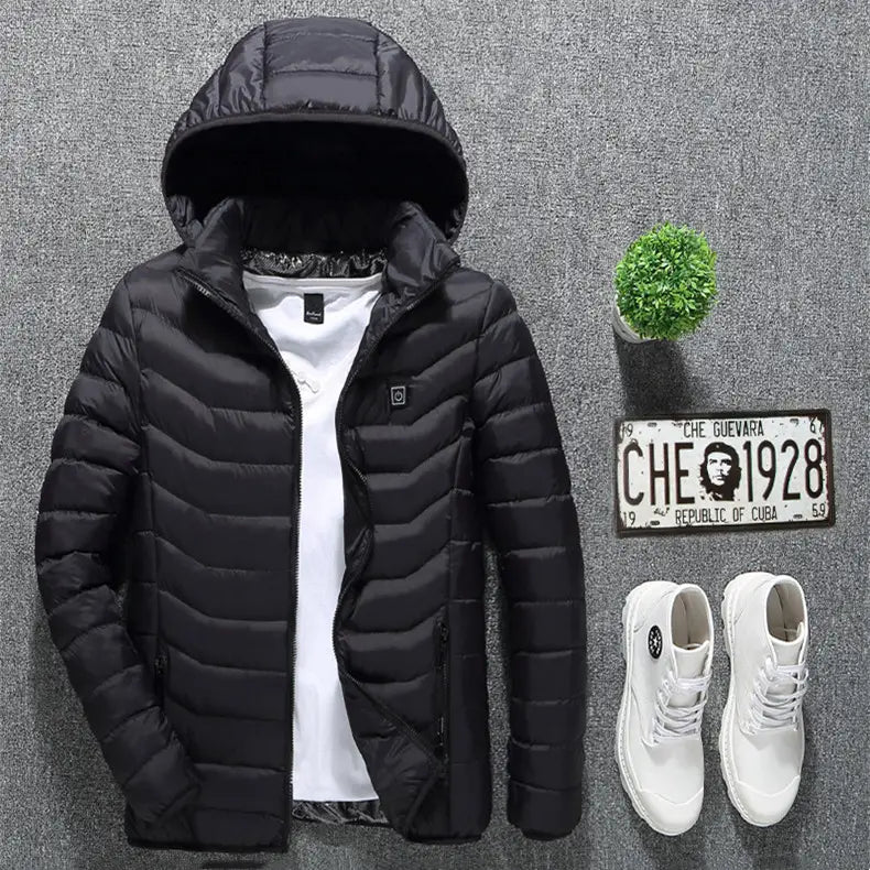 Black quilted hooded puffer heated jacket coat with matching black zipper details and a white t-shirt underneath designed as a jacket coat usb electric for warmth.