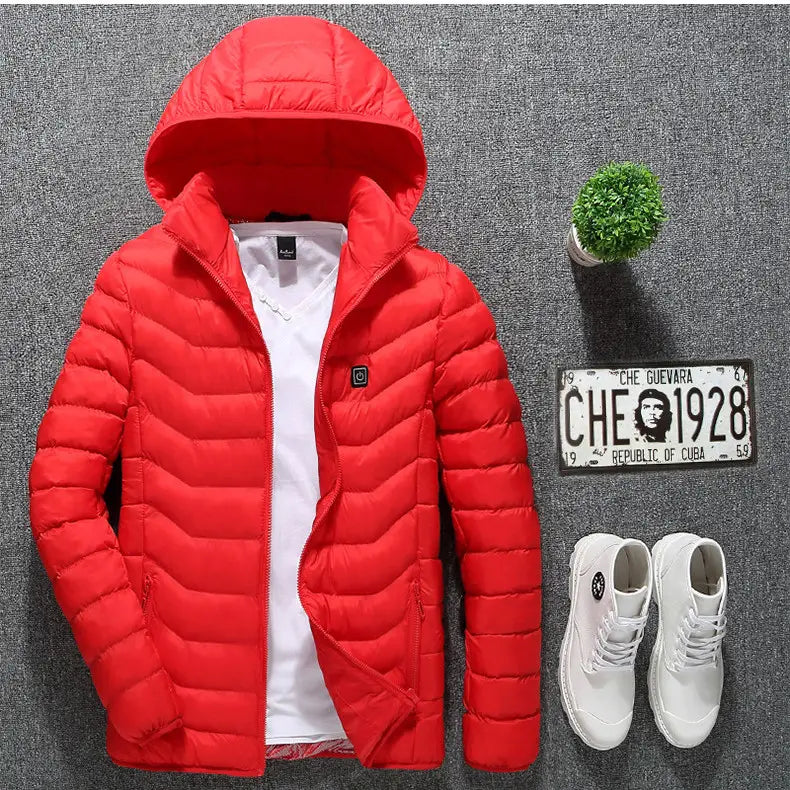 Bright red quilted usb electric heated jacket coat with a hood, white inner lining, and black zipper pull.