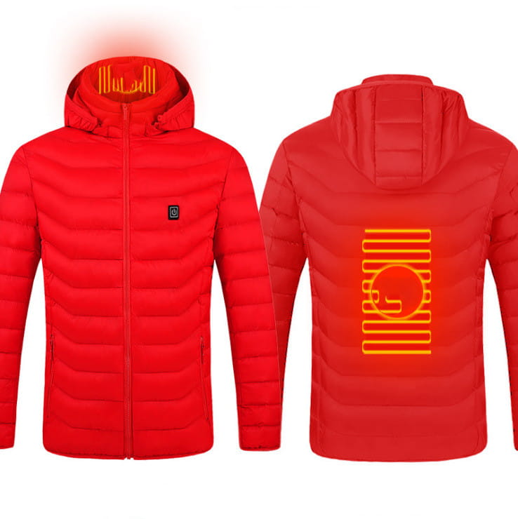 red heated puffer jacket coat usb electric with a hood and glowing orange heating elements on the back and inside collar