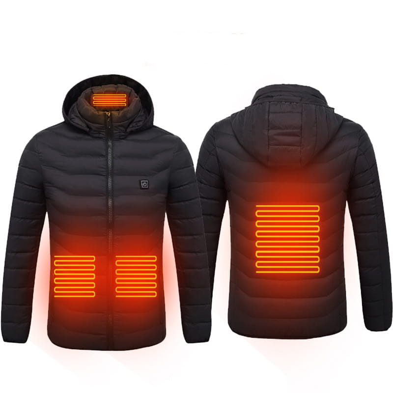 Black usb electric heated jacket coat with glowing orange heating panels on the chest back and hood lining designed for warmth and comfort