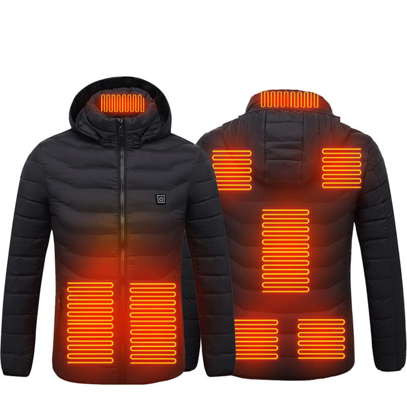 black heated jacket coat usb with glowing orange electric heating panels along the collar shoulders and lower torso for added warmth