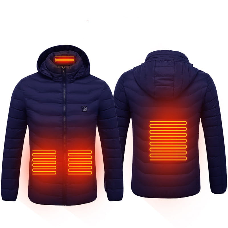 navy blue heated jacket coat with glowing orange usb electric heating elements on the hood chest and back