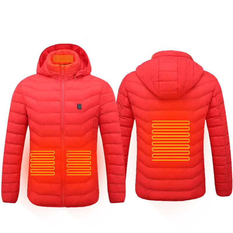 Vibrant red heated jacket coat usb with orange electric heating panels on the hood back and sides for enhanced warmth.