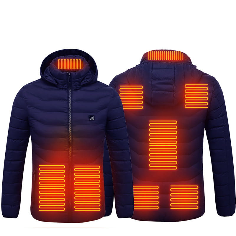 Navy blue heated jacket coat with glowing orange usb electric heating panels on the hood shoulders back and lower torso visible from the back side.