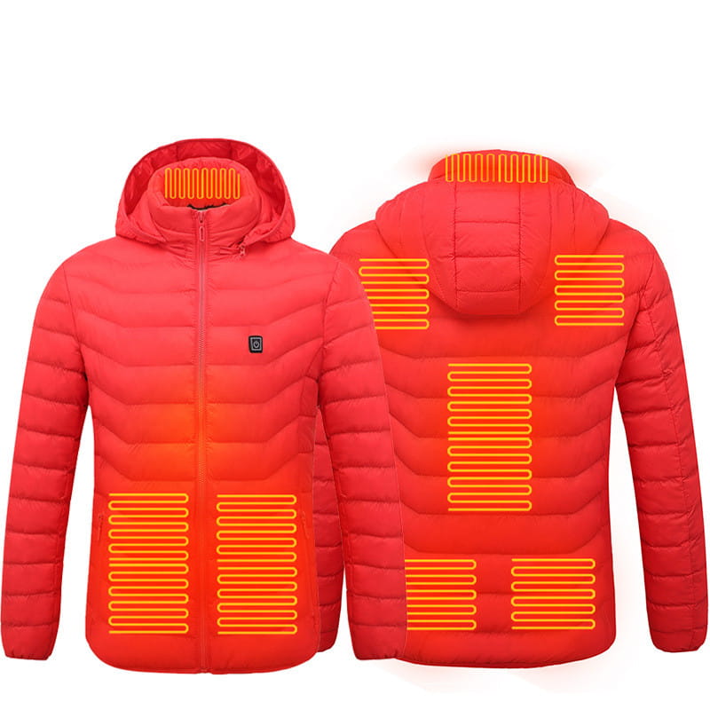 vibrant red heated jacket coat usb with orange glowing heating elements and a small black control panel on the chest made for electric warmth.