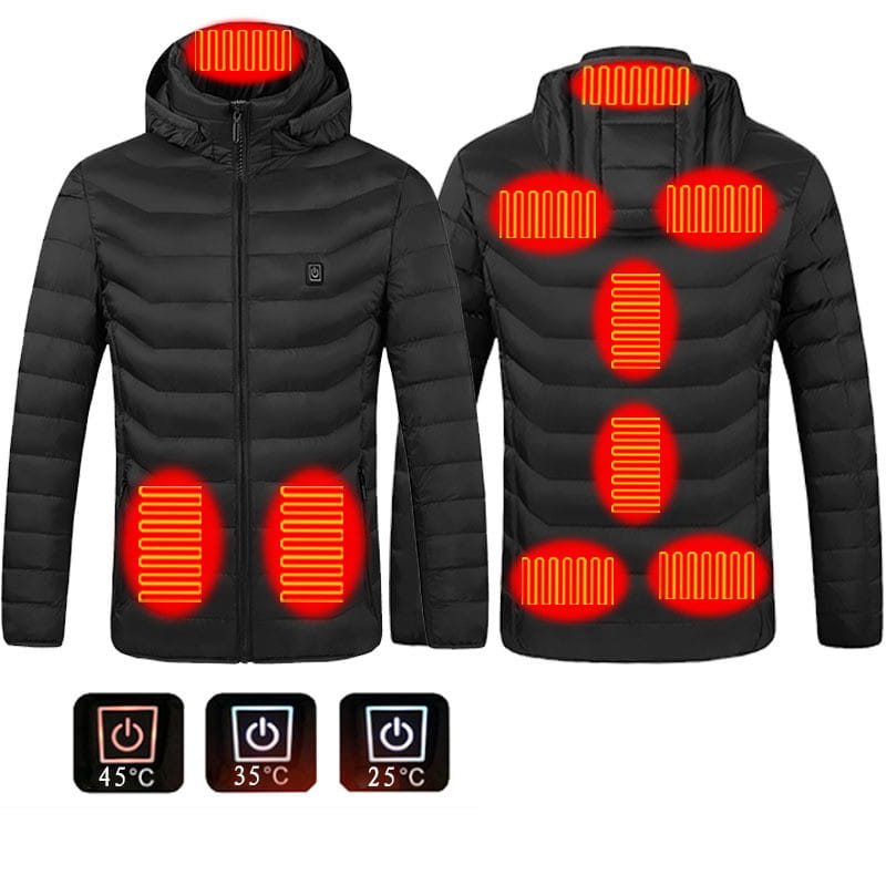 black heated jacket coat usb electric with glowing red heating elements on the hood shoulders back and sides shown from the back side