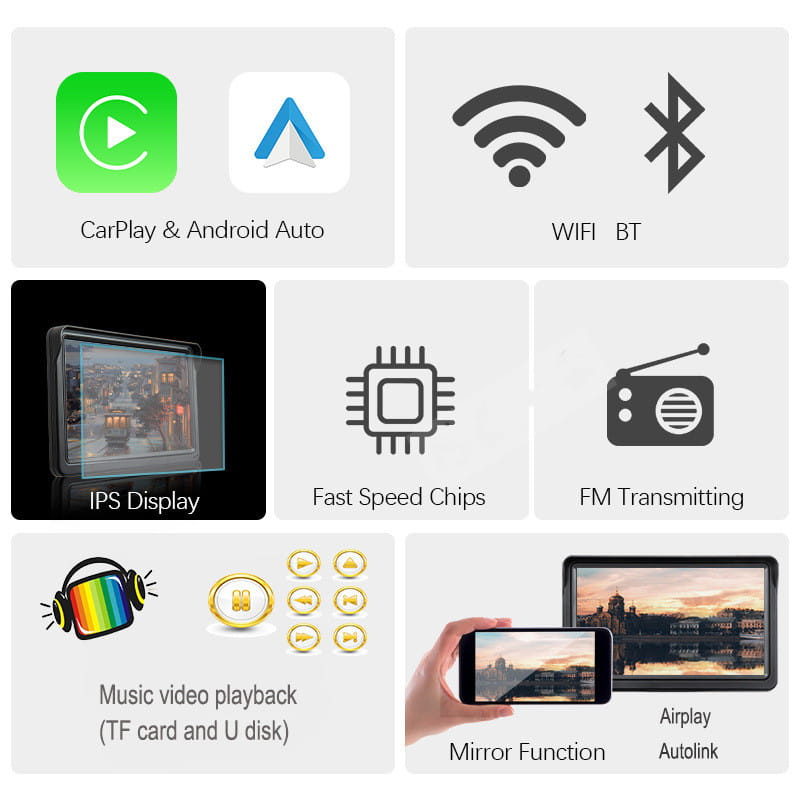 This is a black ips car smart screen infotainment system featuring wireless carplay and android auto compatibility.
