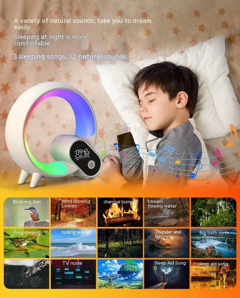 White circular Creative Q Light Analog Sunrise Alarm Clock with a glowing rainbow ring creating a colorful atmosphere and a digital display showing time and date.