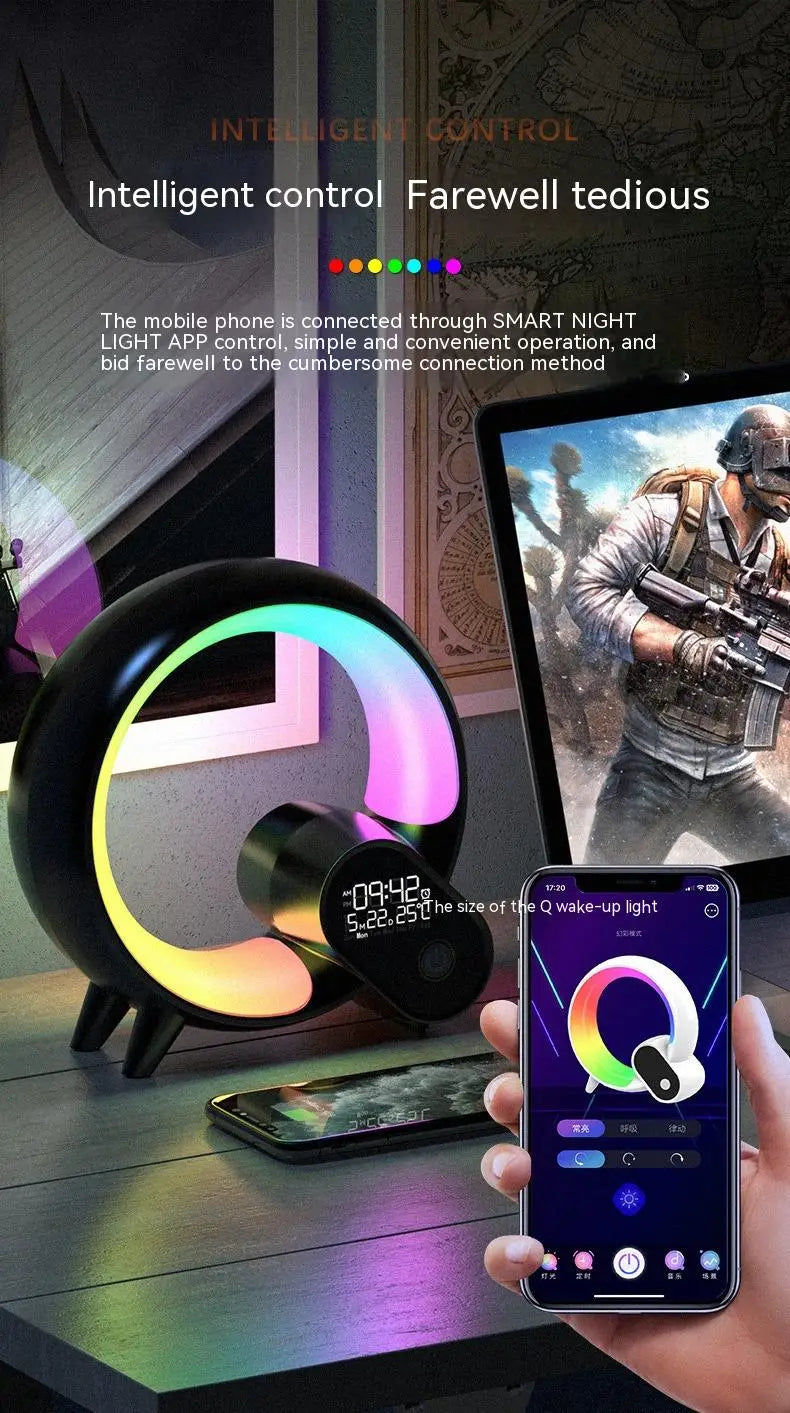 A sleek black circular creative q light analog sunrise alarm clock with a glowing rainbow led ring and digital display designed to create a colorful atmosphere and enable intelligent phone control.