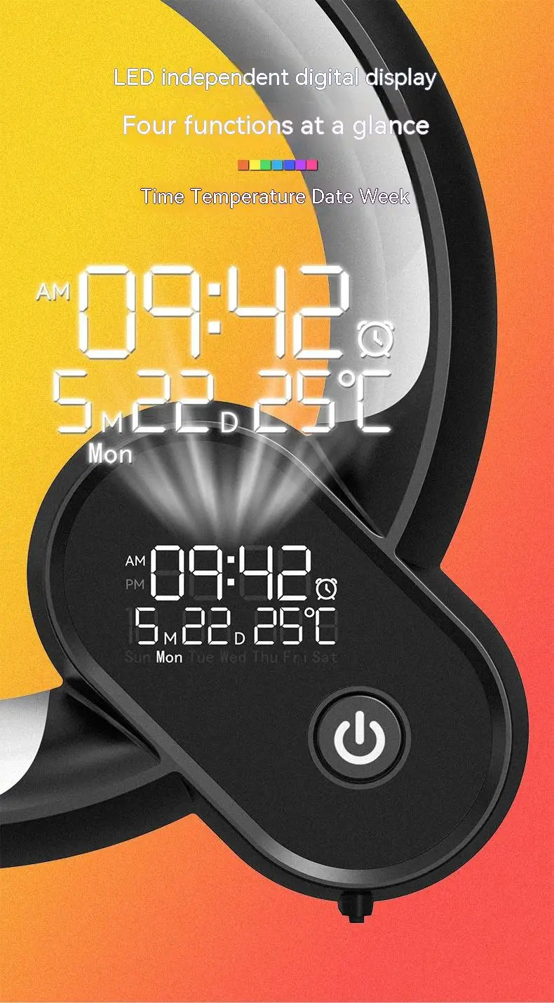 Creative Q Light analog sunrise alarm clock features a sleek black digital display showing time temperature date and day of the week creating a colorful atmosphere for a modern bedside setup.