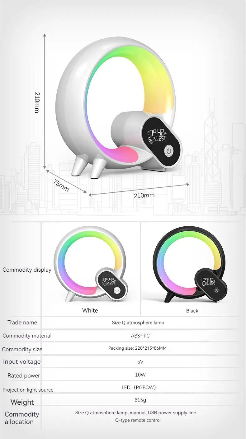 White and black creative q light analog sunrise alarm clock featuring a colorful atmosphere with a circular LED ring displaying rainbow colors.