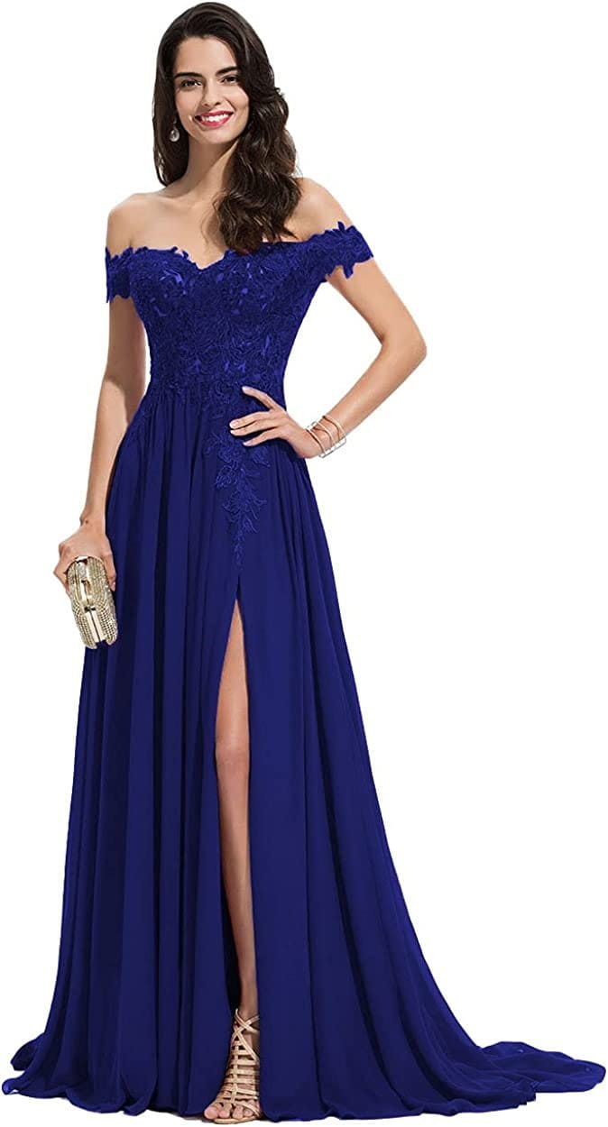 A royal blue long prom dress with an off-the-shoulder design featuring intricate lace detailing and a prom dress slit lace high slit.