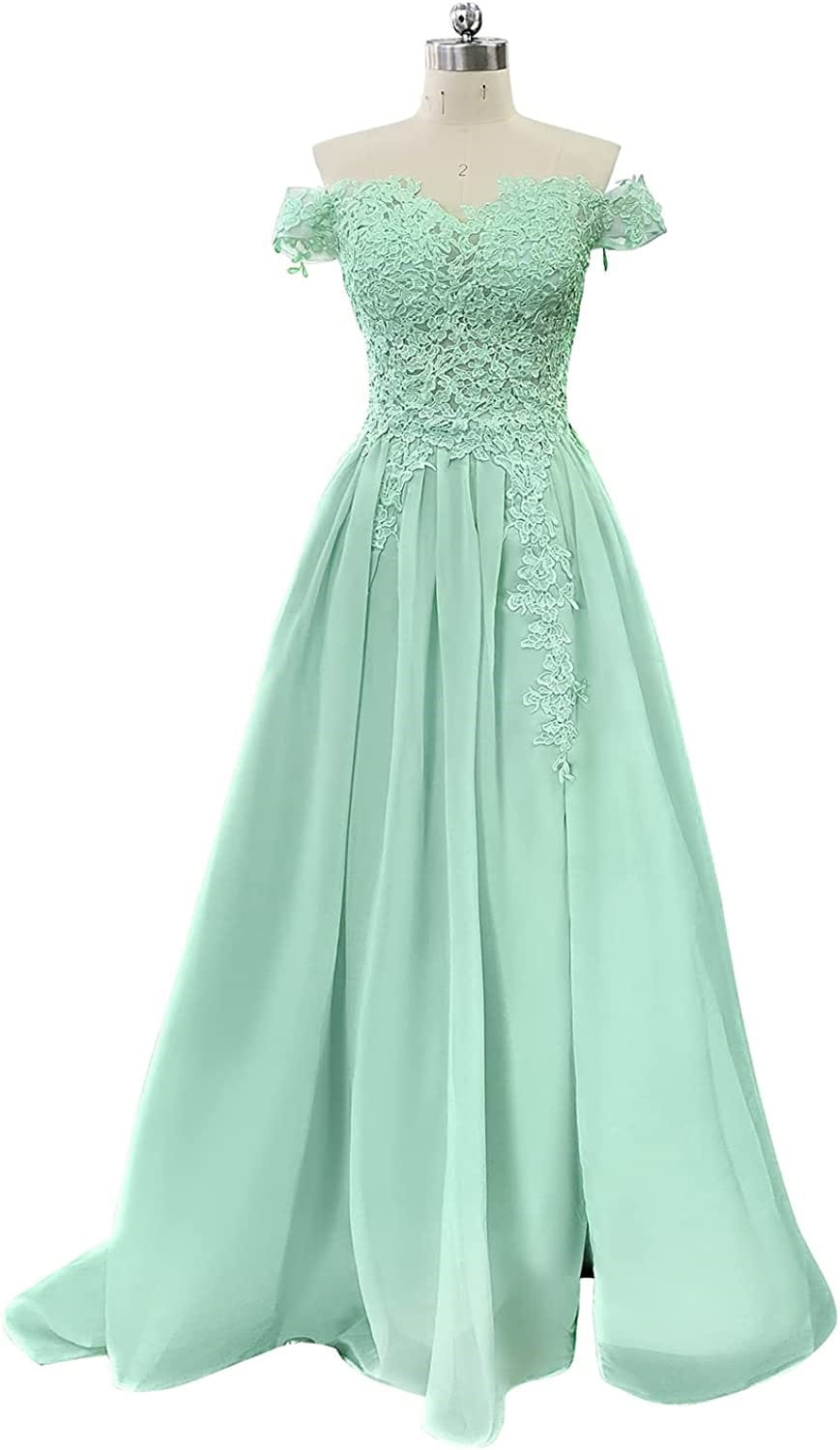 a mint green off-the-shoulder long prom dress with intricate lace detailing on the bodice and a flowing chiffon skirt featuring a prom dress slit and dress slit lace accents
