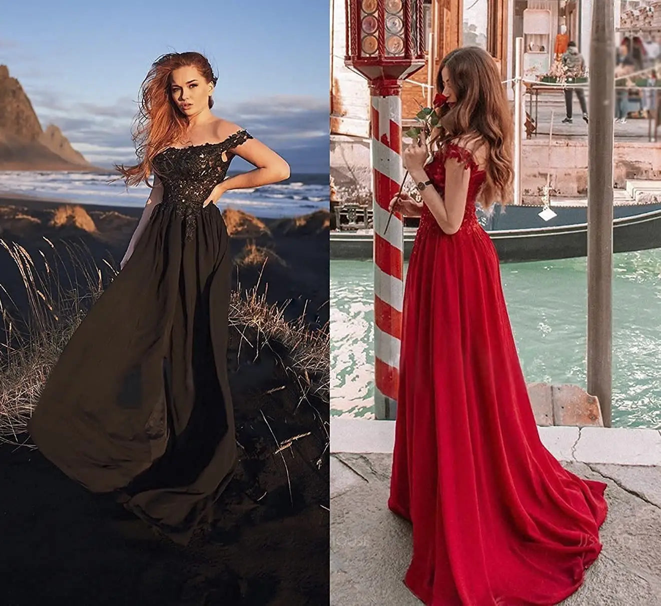 black off-the-shoulder lace long prom dress with a flowing skirt, detailed bodice, long sheer sleeves, and a prom dress slit lace design.
