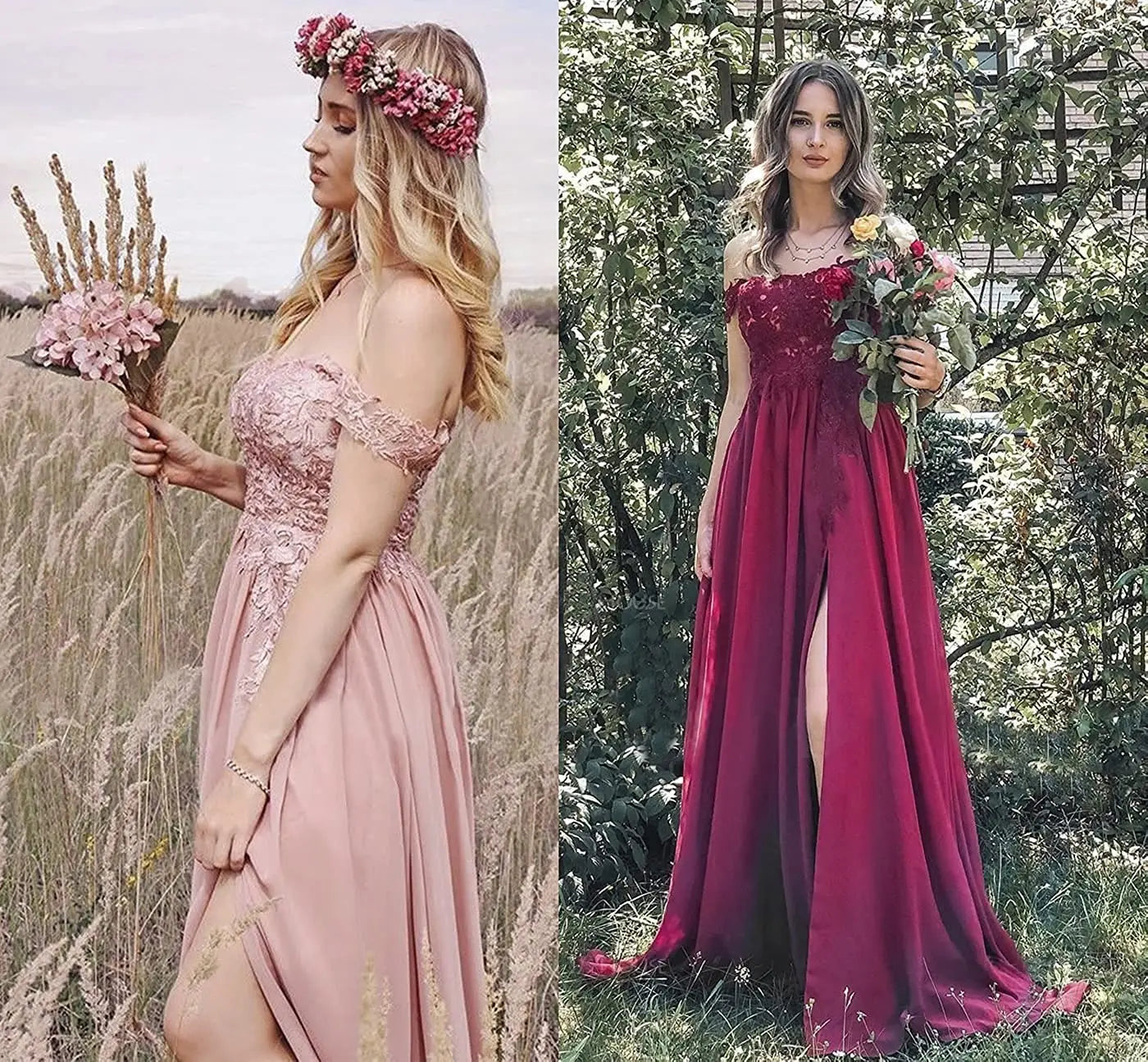 A soft pink long prom dress made of lace features an off-the-shoulder design with a flowing skirt and a prom dress slit, complemented by a floral crown.