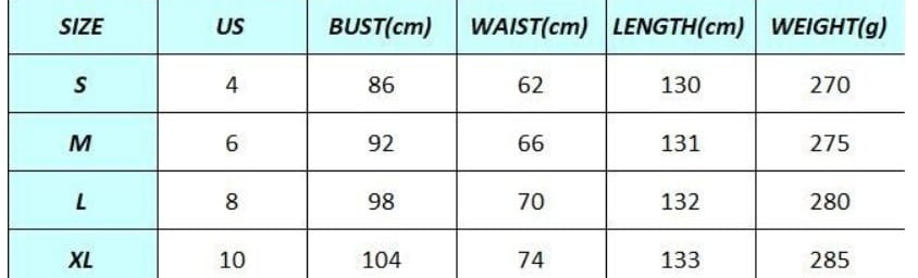 Size chart for blush satin luxury women’s fashion tube dress displaying US sizes with bust, waist, length, and weight measurements for precise fitting of plus size dresses bikinis and beaded evening gowns.