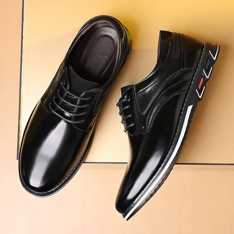 Black leather dress shoes with a glossy finish and contrasting white and red accents designed as fashion leather shoes for work use.