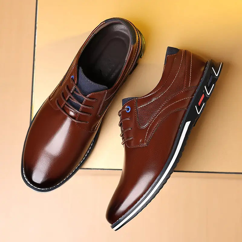 brown textured work fashion leather shoes featuring brown leather lace-up dress shoes with a sleek polished finish and contrasting black soles with white stripes.