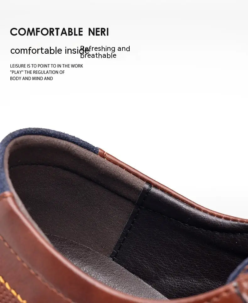 Brown textured work fashion leather shoe with navy blue accents and a comfortable breathable interior lining designed for durability and style.