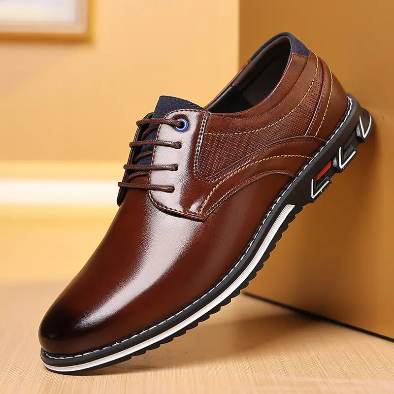 Brown textured work fashion leather shoes featuring brown leather lace-up design and a black and white rubber sole for durable fashion leather shoes.