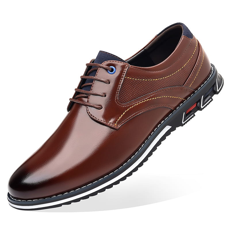Brown textured work fashion leather shoes featuring brown leather lace-up design with contrasting navy blue lining and textured panel details.