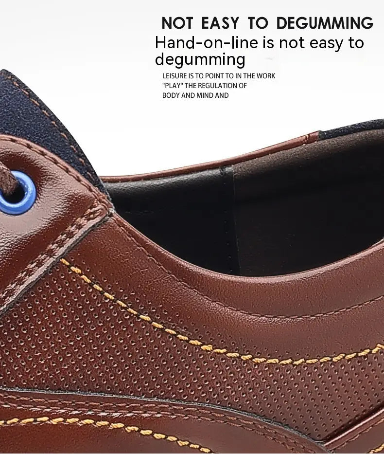 Brown textured work fashion leather shoe featuring brown leather with perforated detailing and contrasting yellow stitching.