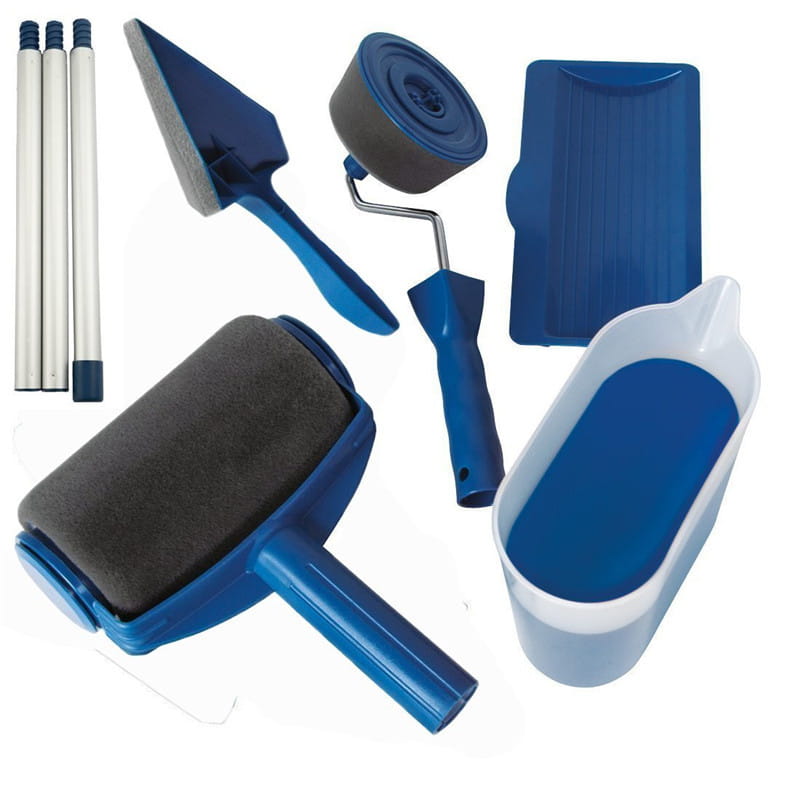 Blue seamless sponge corner paint brush roller with black foam grip and plastic handle designed for precise corner paint application