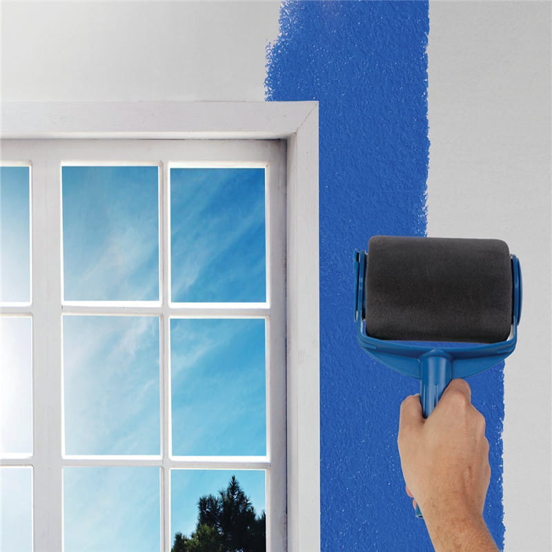 Blue seamless sponge corner paint brush roller featuring a black rubber sleeve and a blue plastic handle.