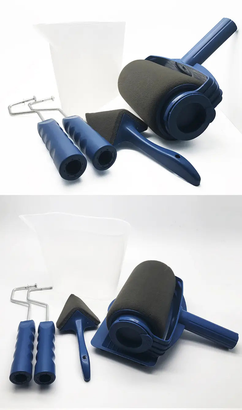seamless sponge corner paint brush roller with blue foam roller applicator and ergonomic textured grip handle for precise corner paint application