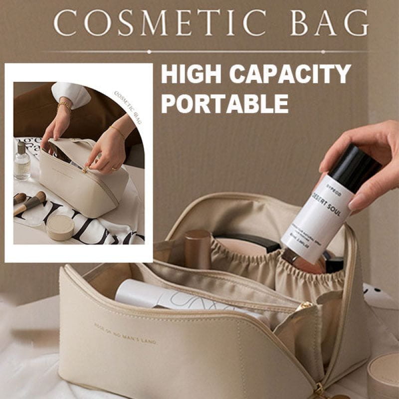 Beige fabric large capacity travel cosmetic bag with zipper closure and interior compartments designed for organized travel cosmetic storage.
