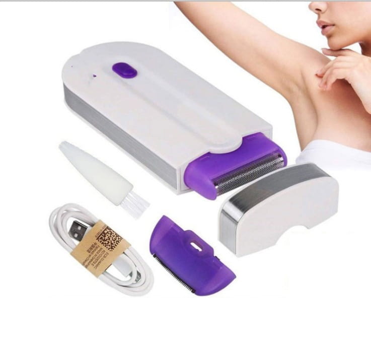 White and purple induction type lady handheld electric epilator with interchangeable attachments for hair removal