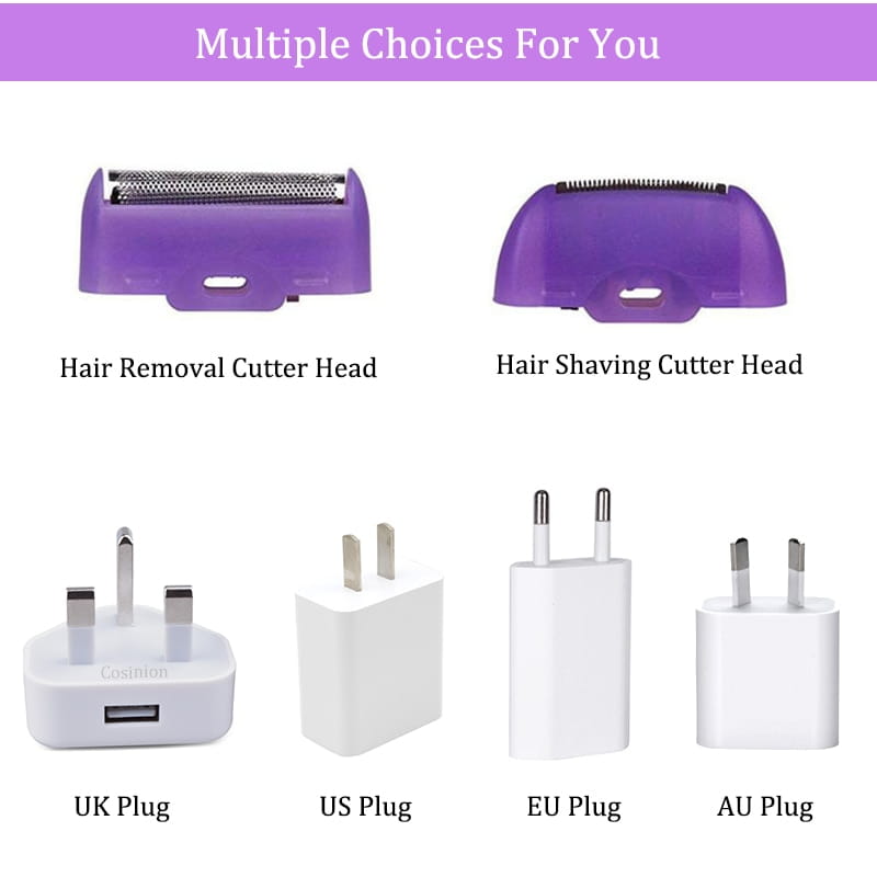 Purple plastic cutter heads with metallic blades for the induction type lady hair removal device designed for precise hair removal.