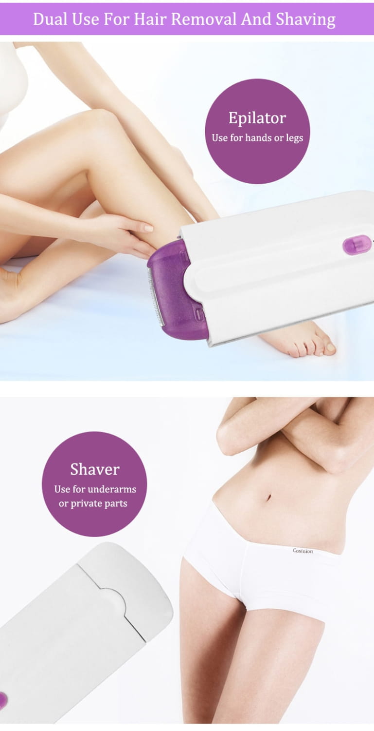 White and purple induction type lady hair removal device featuring a sleek ergonomic electric epilator designed for dual use on hands legs underarms or private areas.