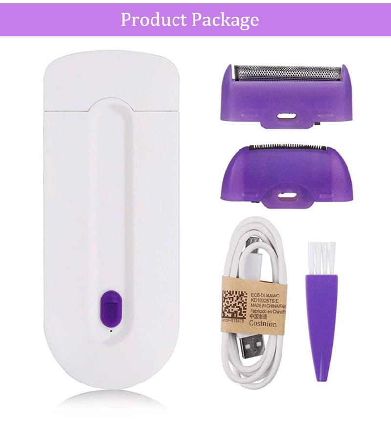 White handheld induction type lady hair removal device with purple accents and interchangeable purple replacement heads for precise hair removal.