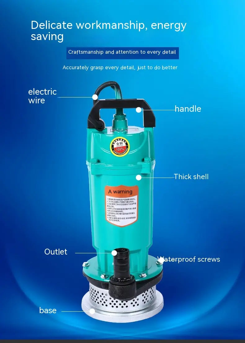Teal-colored large flow small agricultural industrial submersible pump with a black handle and base, featuring waterproof screws and an outlet for water extraction.