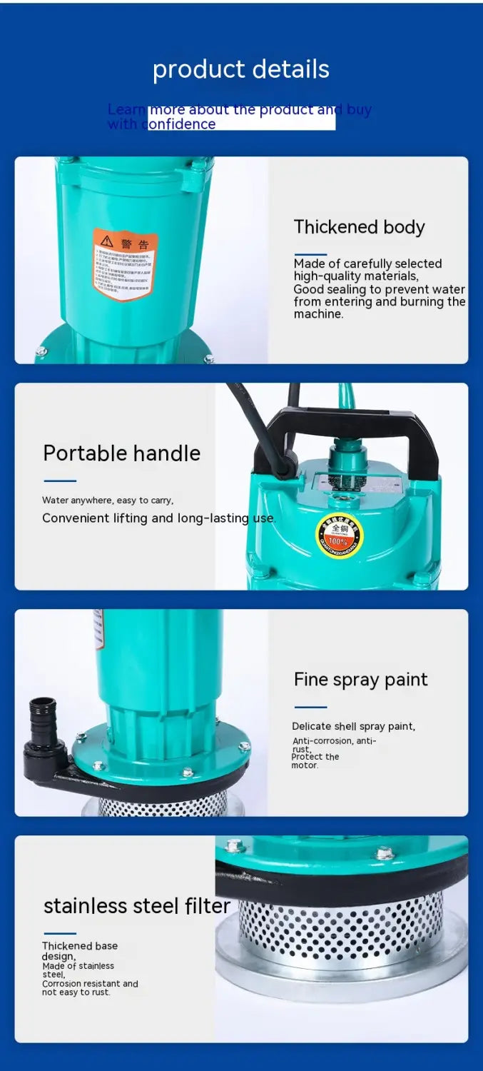 Teal-colored large flow small agricultural industrial submersible pump with black portable handle and stainless steel base filter.