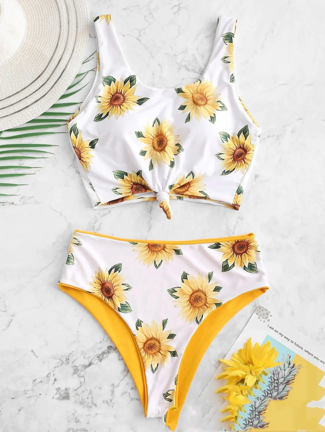 white knot front printed sunflower bikini featuring a white sunflower-print two-piece swimsuit with yellow trim and a tied front detail, ideal as a printed sunflower bikini or bikini split swimsuit.