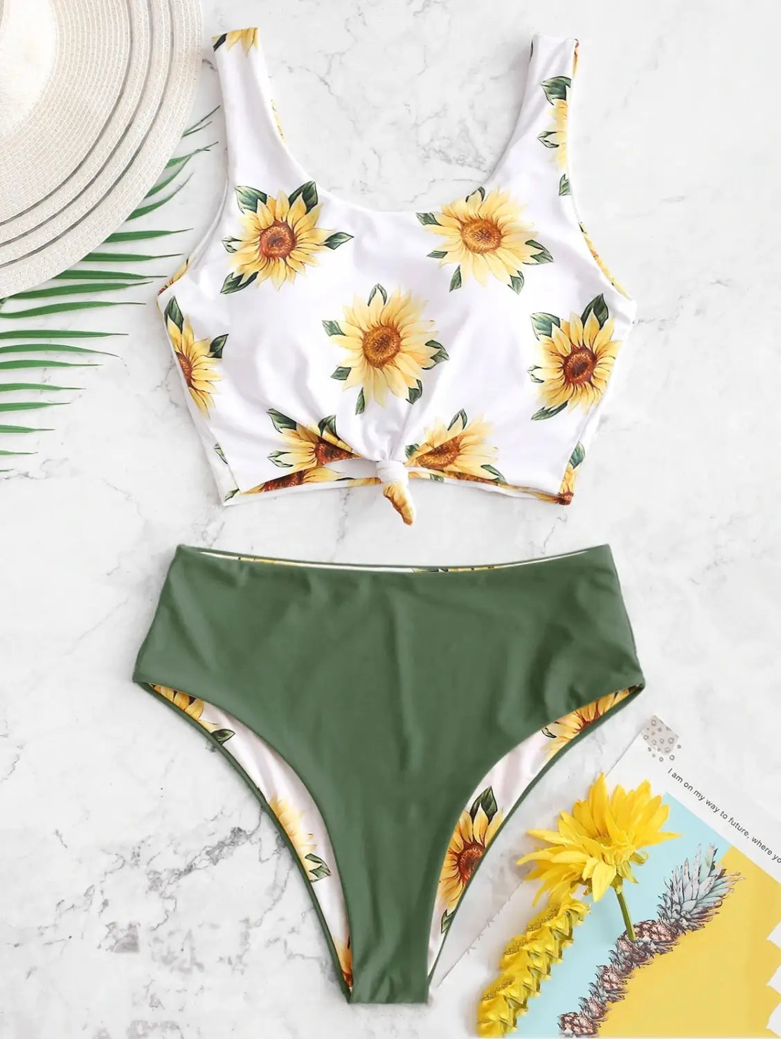 white knot front printed sunflower bikini featuring a white and olive green sunflower-print two-piece swimsuit with a tied front top, ideal as a printed sunflower bikini or bikini split swimsuit.