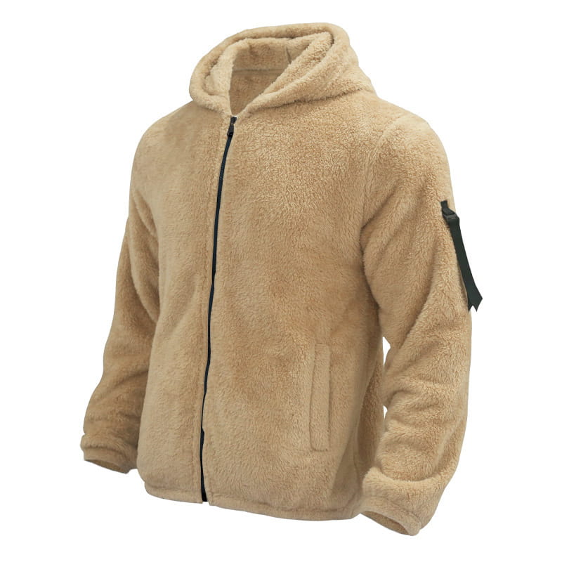 tan plush hooded jacket with black zipper and sleeve patch designed as a wear warm coat in a zipper loose casual style