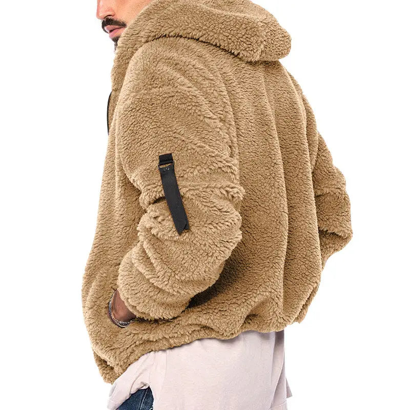 tan fuzzy fleece plush hooded jacket with a black patch on the sleeve featuring a zipper loose casual design for a wear warm coat.