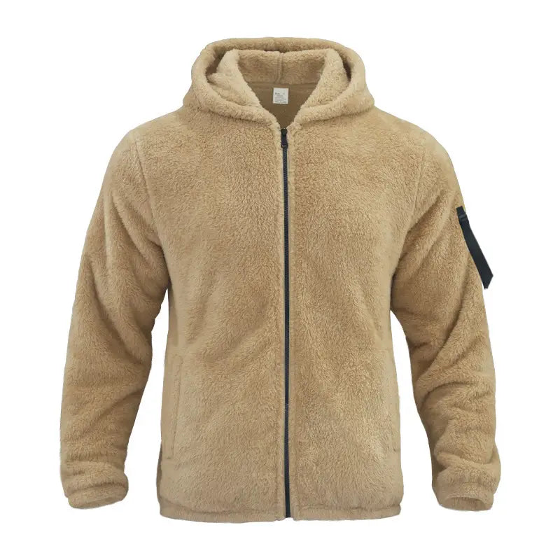 Tan plush hooded jacket with a black zipper and matching dark patch on the sleeve designed as a zipper loose casual wear warm coat.