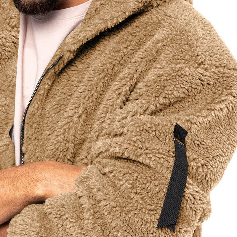 Tan faux fur bomber jacket with black zipper and sleeve patch designed as a wear warm coat with plush hooded jacket style and zipper loose casual fit.