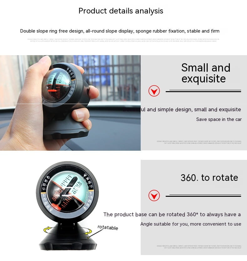 Black compact vehicle mounted sensing slope meter featuring a rotating base and clear dial for precise directional reading.