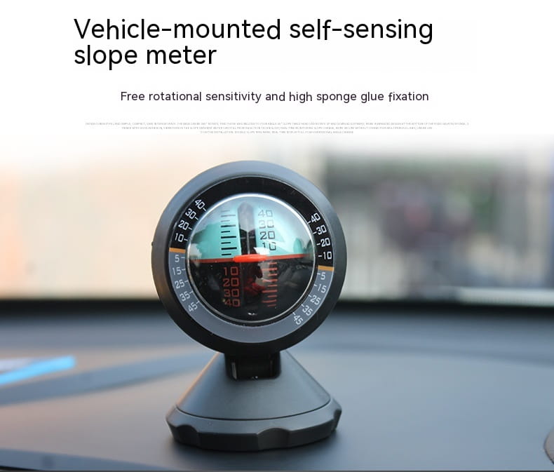 Black circular vehicle mounted sensing slope meter with digital display and degree markings for precise angle measurement