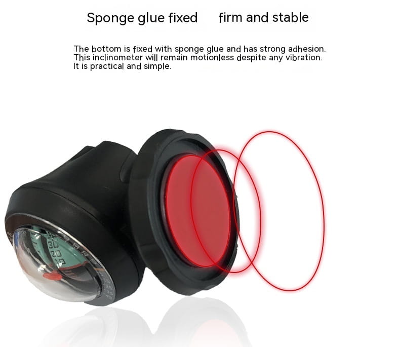 Black plastic vehicle mounted sensing slope meter with a clear dome and red circular dial face for accurate angle measurement