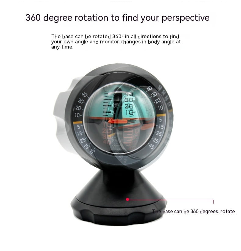 Black 360-degree rotating vehicle mounted sensing slope meter with a clear circular dial and orange needle for precise angle measurement.