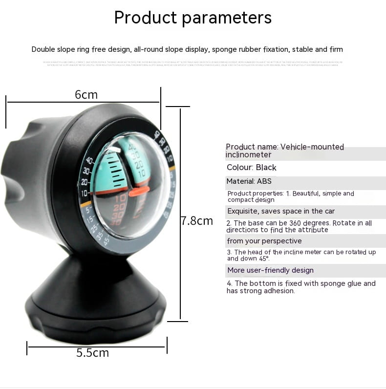 Black abs vehicle mounted sensing slope meter with a circular dial featuring teal and white markings for precise angle measurement.