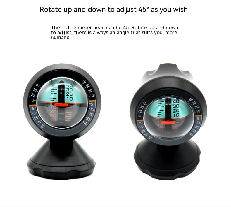 Black adjustable vehicle mounted sensing slope meter with circular dial, orange pointer, and teal-colored scale markings.
